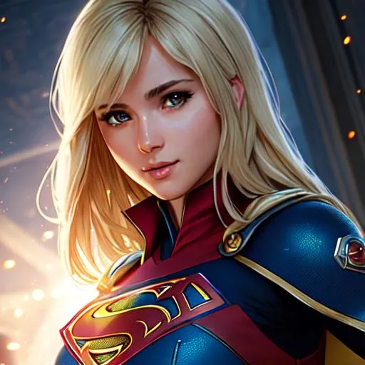 Prompt: "gorgeous, aged 23, female Kryptonian, Kara zor-el cousin of superman, blonde hair, house of el Kryptonian supergirl outfit, attractive Detailed Render eyecandy Breathtaking 8k Greg Rutkowski Artgerm WLOP Alphonse Mucha dynamic lighting hyperdetailed intricately, volumetric lighting, unreal engine 5, insane detail, ultra realistic, frostbite 3 engine, cryengine, 