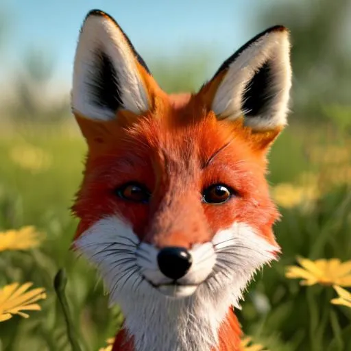 Prompt: Cute fox in  standing in the garden of wildflowers 