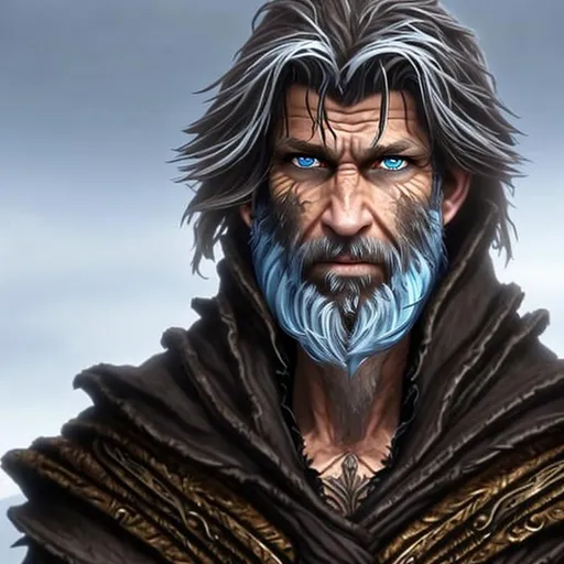 Prompt: head and shoulders portrait of a fantasy male rogue, older, rough looking, shaggy brown hair, scruffy beard, black hood and cloak, ice blue eyes, perfect hair, perfect eyes, perfect face, concept art