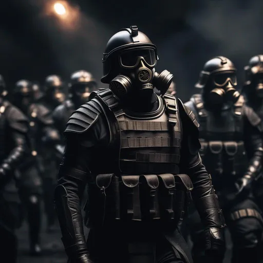 Prompt: Several modern roman military male in black military roman armor, and gas mask, background dark battle, Hyperrealistic, sharp focus, Professional, UHD, HDR, 8K, Render, electronic, dramatic, vivid, pressure, stress, traumatic, dark.