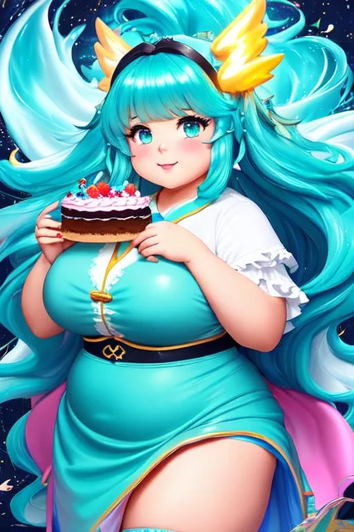 Prompt: oil painting, UHD,  8k, Very detailed face, panned out, cute chubby female lightning elemental, she is gluttonously devouring an extremely large cake, causing her clothes to be stained, chubby cheeks, fat thighs, fat belly, she has flowing hair, she wears a very tight turquoise Japanese skirt with frosting stains on it, a turquoise cloth across her chest, she is bursting out of her clothes, she is laying down on the ground,  