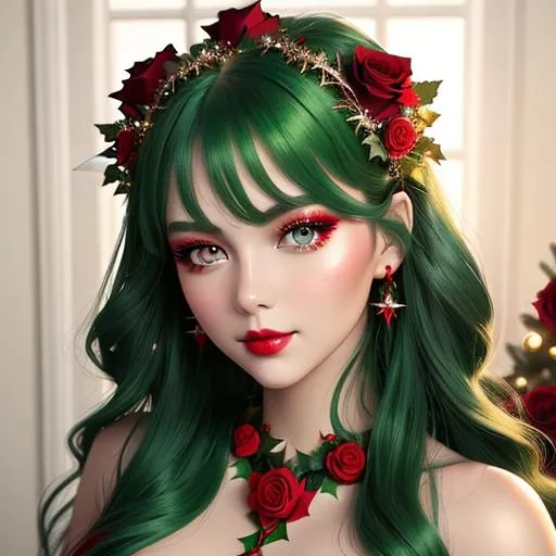 Prompt: Christmas fairy ,Beautiful and Gorgeous red roses in hair,  very light green eyes,pretty makeup, facial closeup