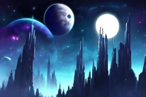 Prompt: Futuristic Tall black towers on deep dark ocean dark sky spaceships night lights hover ships dark tall city lots and lots of small floating ships hovering above clouds big planet with rings closeby spaceships