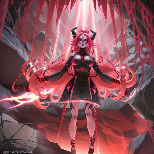 Prompt: Arakna is a spider hybrid woman with six arms, whose hair and eyes are blood red blended with shades of pink and orange, glowing as if they had their own light. Her gaze is piercing and voracious, and her expression is one of pure determination as she descends headfirst down the wall of a scary cave.

Her six arms are thin and agile, covered by a thin layer of hair that resembles spider legs. They move quickly and precisely as she prepares to attack her victim. Her red eyes shine with intensity, standing out against the darkness of the cave.

Arakna's hair is long and silky, and its shades of pink and orange look like they were created by a digital artist. The neon glow emanating from her hair and eyes illuminates the scene with a supernatural tone, making Arakna's figure look even more terrifying.

The cave around Arakna is dark and oppressive, with irregular walls and a trail of moisture that runs down them. At the back of the cave, a pale, flickering light illuminates a dark figure that appears to be waiting to be attacked.

Your task as an artist is to capture the full splendor of this terrifying scene, presenting Arakna in all her supernatural glory and enhancing the intense glow of her hair and eyes. Use your artistic skills to highlight the texture of the cave wall, as well as the dark figure in the background of the scene.