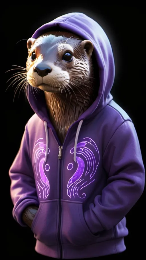 Prompt: Anthropromorphic otter with grey fur, standing character, glowing purple glyphs, hoodie, photorealistic