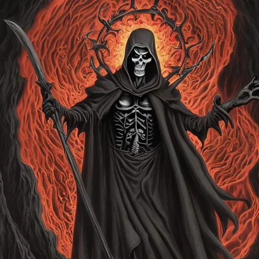 Prompt: Detailed grim reaper in a Dante inferno version of hell