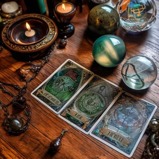 Prompt: Tarot Cards and Ouija Boards on a table with a crystal ball