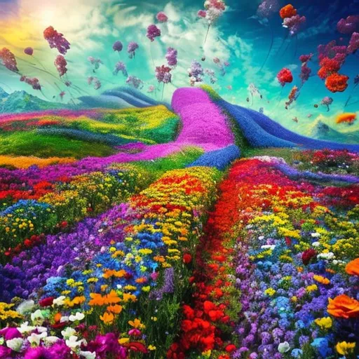 Prompt: flower field, extreme fantasy almost like heaven.