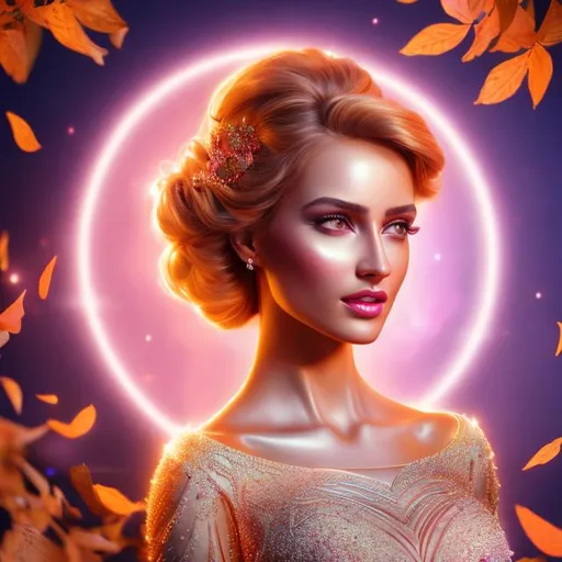 Prompt: HD 4k 3D 8k professional modeling photo hyper realistic beautiful  woman ethereal greek goddess of glory
pink hair updo hazel eyes gorgeous face tan skin beautiful grecian bridal gown full body surrounded by glorious glowing light hd landscape background standing under falling golden leaves and wreathes