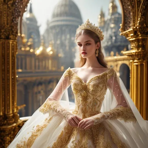 Prompt: beautiful photograph of most beautiful fictional, fashion model, goodnes, heavenly, royal, White and golden, extremely, detailed environment, detailed blur background, intricate, detailed skin, natural colors , High-resolution, professionally color graded, photorealism, 8k, moody lighting.