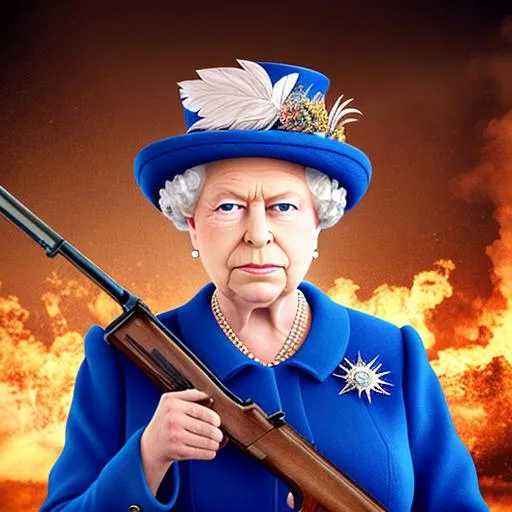Prompt: Hyper realistic queen elizabeth with a shotgun in the holy land