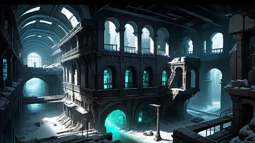 Prompt: very dark, complete darkness, huge underground cavern, ruins of a frosty fantasy city, robot city, aerial view, view from above, top-down view, thick pylons, blackened wreckage, scattered debris, dead trees, snowy, frozen, snow covered, large obelisks, archways, eerie green lights, glowing maroon sconces, ancient aztec architecture, polygonal buildings, polygonal shapes, shattered domes, broken buildings, crumbled buildings, broken aqueducts, cold lighting, magical lighting, fantasy lighting, hyper realistic, highly detailed, somber mood, desolation of cybertron, exposed floors, exposed rooms, brent metal struts, exposed rebar, exposed wiring, exposed sewer system, futuristic cyberpunk tech-noir setting, robotic city, interconnected buildings, devastated infrastructure, loose wiring, busted pipes, broken spires, multiple levels, gloom, bioluminescent lichen, no vegetation