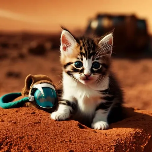 Prompt: kitten alone on mars with an astronaut helmet on his head