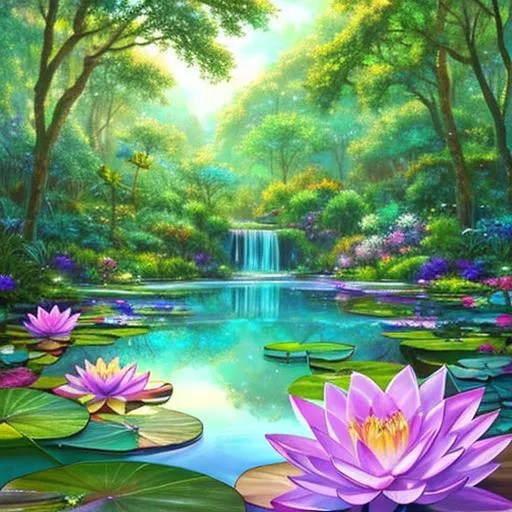 Prompt: Imagine a lush and magical oasis nestled in a mystical forest. The picture depicts a serene and captivating scene that transports viewers to a realm of enchantment and tranquility.

The foreground showcases a crystal-clear pond with water so pure it shimmers with a faint iridescent glow. Delicate water lilies adorn the surface, their vibrant petals displaying an array of colors, from soft pastels to bold hues. Dragonflies flit above the water, their iridescent wings catching the sunlight and casting shimmering reflections on the pond's surface.

Surrounding the pond are towering trees, their branches intertwining to create a natural canopy overhead. The trees are adorned with bioluminescent moss and glow softly, casting a gentle light over the entire scene. Vibrant flowers and vines cascade down the trunks, adding bursts of color and texture to the picture.

As the eye travels further into the picture, it encounters a majestic waterfall cascading down from a moss-covered cliff. The waterfall's crystal-clear water sparkles as it tumbles into a pool below, creating a mesmerizing display. The mist from the waterfall creates an ethereal atmosphere, diffusing the sunlight and casting rainbows across the scene.

Butterflies dance gracefully in the air, their wings showcasing a symphony of patterns and colors. They flutter around the flowers, adding a sense of movement and life to the picture. Soft rays of sunlight pierce through gaps in the foliage, illuminating patches of the forest floor and highlighting delicate ferns and moss.

To complete the scene, a sense of tranquility and harmony permeates the air. The picture exudes a peaceful and rejuvenating ambiance, inviting viewers to immerse themselves in the enchanting oasis and experience a moment of serenity.

The "Enchanted Oasis" picture design captures the beauty of nature, magic, and tranquility, creating a captivating and serene scene that transports viewers to a realm of wonder and relaxation.