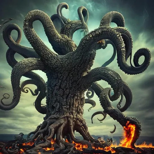 Prompt: majestic tree being burnt by a devious kraken