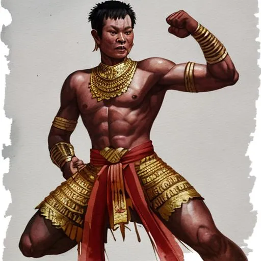 Prompt: Male warrior full body Cambodian fighting 
Watercolor 