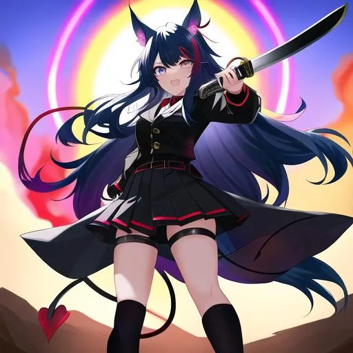 Prompt: Haley  as a demon (multi-color hair) (multi-color eyes)(she has horse ears) holding a katana, fighting, in a gunfight, bullets flying, fighting in a rural area, angry, (demon tail), (demon wings), lunging at the center, flying in the air