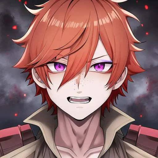 Prompt: Erikku male adult (short ginger hair, freckles, right eye blue left eye purple) UHD, 8K, Highly detailed, insane detail, best quality, high quality,  anime style,  fighting, covered in blood, psychotic