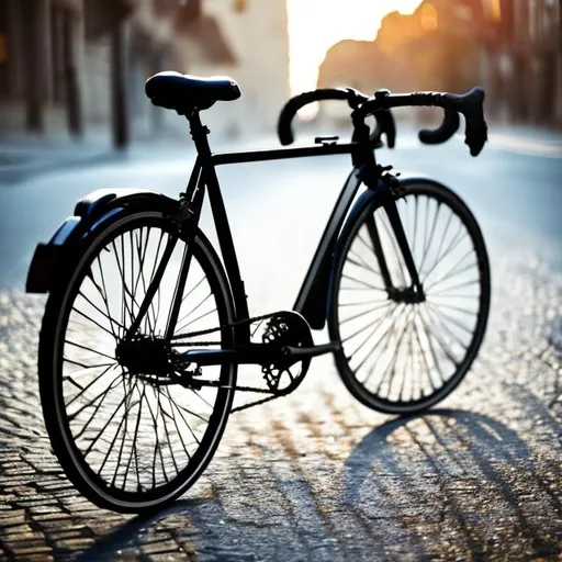 Prompt: A black bicycle with a bright glowing light