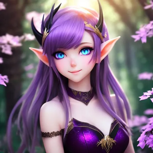 Prompt: High detail, Elf, 1girl, black and purple dress, purple & black eyes, in forest, alone, facing camera, standing up, anime art style, cute face, close to camera, smiling, white teeth 