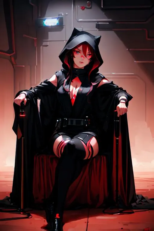 Prompt: lushill style, very cute female wearing a black hood with a slight facial scar, a lightsaber on her belt, red glow, anime style, comics style, soft skin, soft color, high light, scifi, technology, mechanism, eyes on camera, looking to camera, art by rossdraws