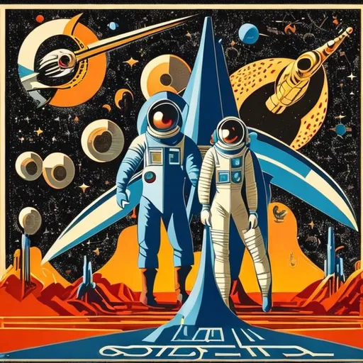 Prompt: Art Deco poster art of a science fiction landscape with a man and a woman cosmonaut on foreground, a spaceship taking off to space on background in the style of soviet mosaic art