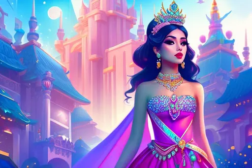 Prompt: head-on, surreal cartoon, high fashionista pose, glossy, walking toward viewer, stunning Mayan lolita, she is dressed like a summer queen, dramatic jewelry, statement necklace, background is architecture lit by the moon,  trending on artstation