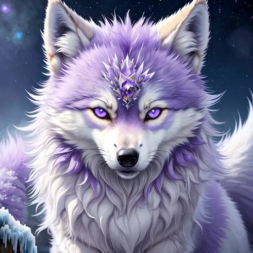 Prompt: (masterpiece, professional oil painting, epic digital art, best quality, UHD:1.5), epic ((wolf)), ice elemental, silky silver-lilac fur covered in frost, timid, ((insanely detailed alert amethyst eyes, sharp focus eyes)), gorgeous 8k eyes, fluffy silver neck ruff covered in frost, two tails, (plump), extremely beautiful, fluffy chest, enchanted, magical, finely detailed fur, hyper detailed fur, (soft silky insanely detailed fur), presenting magical jewel, moonlight beaming, starry sky, frolicking in frosted meadow, grassy field covered in frost, cool colors, professional, symmetric, golden ratio, unreal engine, depth, volumetric lighting, rich oil medium, (brilliant auroras), (ice storm), full body focus, beautifully detailed background, cinematic, 64K, UHD, intricate detail, high quality, high detail, masterpiece, intricate facial detail, high quality, detailed face, intricate quality, intricate eye detail, highly detailed, high resolution scan, intricate detailed, highly detailed face, very detailed, high resolution