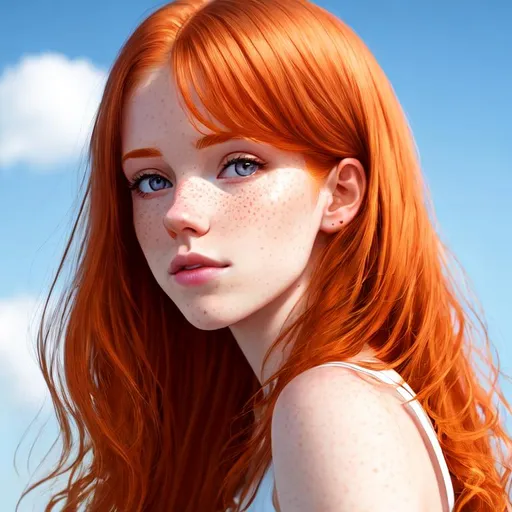 Prompt: Portrait of Ginger pale skin freckled young skinny woman, freckles, Norwegian, turned up small nose, long wavy ginger unwashed hair, sun from behind, sun on hair, 18 years old, thin

Ultra high definition, realistic picture, detailed, intricated, 4K, 8K, wallpaper, award winning