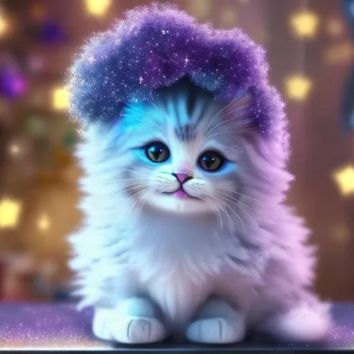 Prompt: Cute, fluffy kitten sitting on a table with Galaxy girl