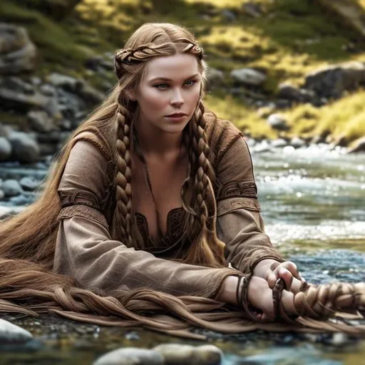 Prompt: A sultry Viking woman laid out by a river, braids covering her  