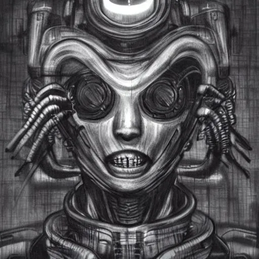 Prompt: Cyberpunk Robot, Eldritch Horror, many eyes, sharp toothed smile, Charcoal Drawing