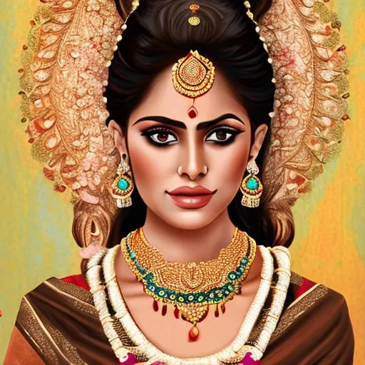 Prompt: beautiful side hair bun indian queen in Indian brown saree wearing ornate jewlery, sakimichan, nixeu, full body, photo realistic, highly detailed, side face,
