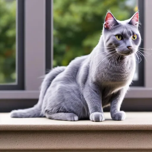 Prompt: Create a grey cat with a purple nose sitting atop a window sill