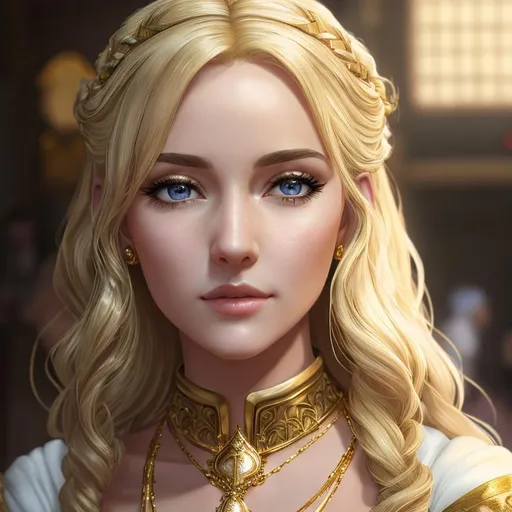 Prompt: ((Hyper-realistic shot)), ((extremely detailed:1.5)), ((8K resolution)), ((tavern keeper)) Perfect face, perfect hand, perfect five fingers and body. ((blonde woman in white and gold dress: 1.3)) adorned with necklace, look to me, ((gold details in dress)) with gold, young woman, and in a dnd port, ((hyperdetailed eyes)), perfect body, perfect anatomy, beautifully detailed face, seductive smile, ((scantily clad)), beautiful woman, Medieval

