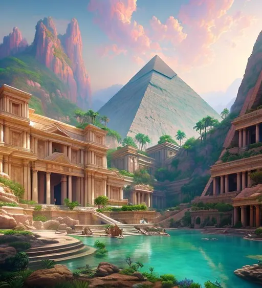 Prompt: New Pyramid in a tropical mountain range, painted by Michelangelo + dreamy natural spring colors, dreamy colors, intricate details + diffused light + fantasy painting + ultra realistic + unreal engine
