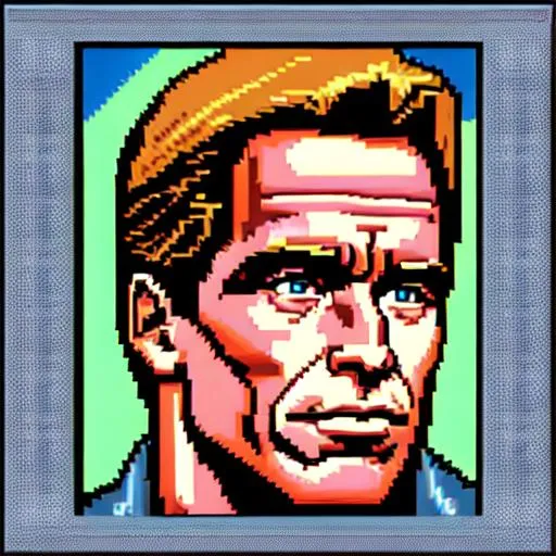 Prompt: retro digital pixelart of Arnold Schwarzenegger for DOS SNES with dithering pillow shading 16-bit colour depth masks raster