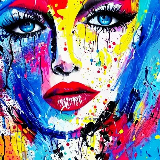 Prompt: stunning beautiful woman portrait, close up,blue eyes, pop art, full colors, abstract style, acrylic painting, palette knife, backgroud paint drop splatter, detailled