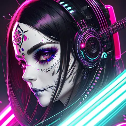 detailed portrait Neon guitar, sugar skull makeup, c... | OpenArt