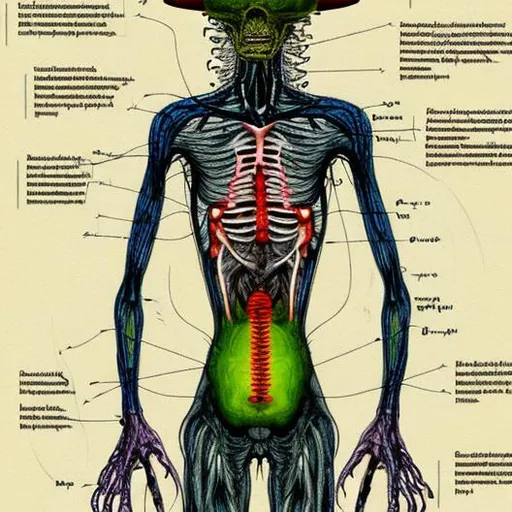 Prompt: annotated anatomical art of mushroom alien man