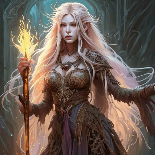 Prompt: Full body splash art portrait of a youthful very pretty sweet female undead sorceress casting a spell, very long honey-colored hair with a fringe, wearing long light-colored iridescent robes, carrying a wooden staff, heroic, cute, brave, D&D, fantasy, intricate, highly detailed, sharp focus, digital painting, oil painting, master piece, artstation, concept art, 4k, 8k