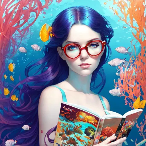 Prompt: A  beautiful mermaid, gradient ombre reddish hair, under the sea, with a perfect tail, using glasses and reading a book. There's fishs and oder marine life around her. Art by Martine Johanna, artgerm, James jean and Daniel Gerhartz. Best quality, super clear resolution, cinematic quality.