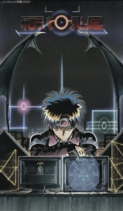 Prompt: cool, 90s anime poster, demons, post apocalypse, conjuring a summoning circle with computer projections light from arm , warriors in punk armor with clear glass scouter over eye, R rated