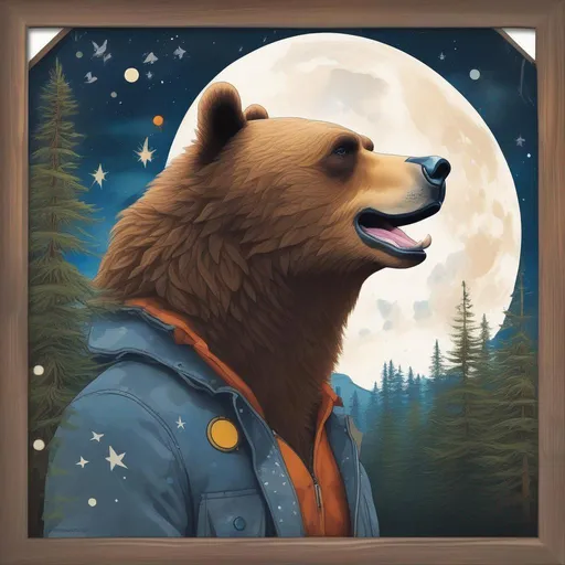 Prompt: A profile beautiful and colourful picture of a handsome man with brunette hair and a mustach, is surrounded by Sitka Spruce trees, a brown bear, and a goose in flight, framed by the moon and constellations, in a painted style
