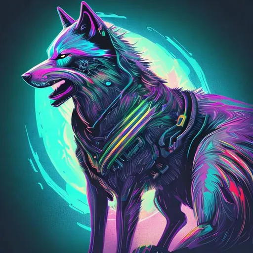 Prompt: colorful  calm cyberpunk  wolf
 with hoodie

