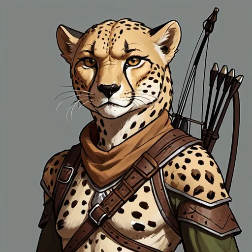 Prompt: An old grumpy retired dungeons and dragons cheetah person ranger with bow