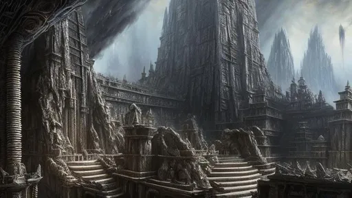 Prompt: Large place of Warship made out of stone to the God Zon-Kuthon, Sinister God, Evil Fantasy, Pathfinder, Deity, Unholy, Eldritch, H.R. Giger, WLOP, Greg Rutkowski, Dark Fantasy, Insanely Detailed, Intricately Detailed, Hyperdetailed, Epic Masterpiece, bokeh, ethereal, flickering light