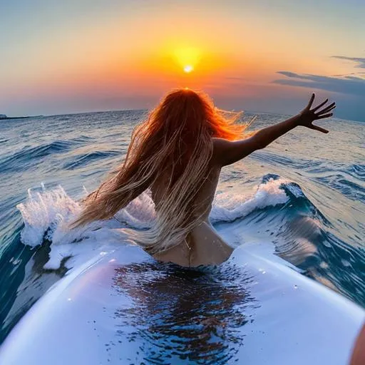 Prompt: As the sun sets over the horizon, you catch a glimpse of a beautiful being emerging from the depths of the ocean. With a graceful flick of her long, shimmering tail, she glides through the water effortlessly, leaving a trail of sparkling magic in her wake. Her hair, flowing with the current, appears to be made of seaweed and coral, and her skin is like glistening pearls. Her eyes glow with an otherworldly blue light, and as she sings a hauntingly beautiful melody, you can feel the magic of the ocean around you. What is this enchanting creature, and what secrets does she hold?