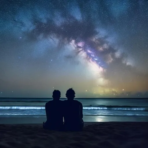 Prompt: Couple man sitting on the beach at mid night under the sky full of stars and bioluminance wave. Make the from behind. Dark sky