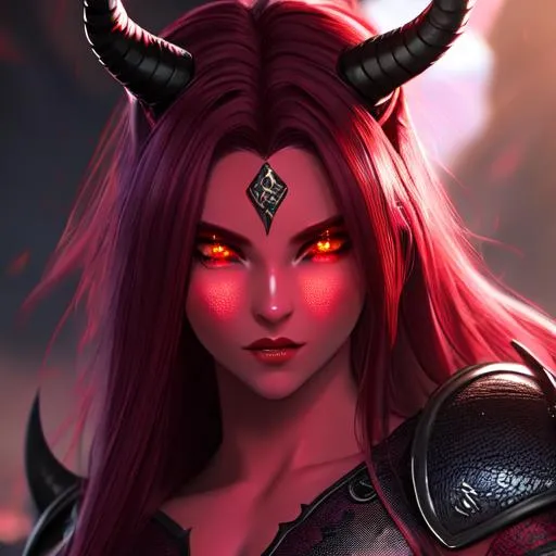 Prompt: dnd, tiefling, demon, snake eyes, void eyes, detailed face, detailed eyes, full eyelashes, detailed interior, ultra detailed accessories, birthmark on face, red hair, black horns on side of head, demonic, red dark skin, 

((sunshine, very strong sunlight on face, cinematic lighting, volumetric lighting, beautiful shading, head light, back light, natural light, ray tracing, symmetrical)), (((masterpiece, professional, professional illustration))), Fantasy style,

UDR, HDR, 64k, masterpiece